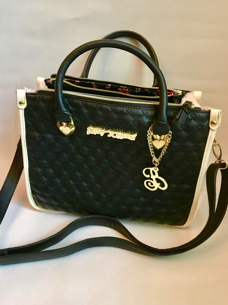 Betsey Johnson Light Pink Faux Fur/Black With Two Handles And Long Strap Purse